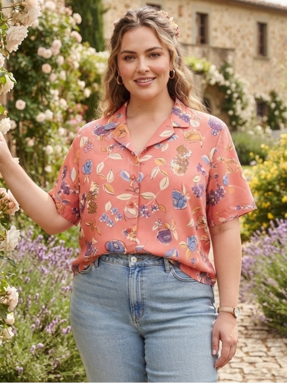 Vintage Pendleton Women’s Coral Floral Short-Sleeve Button-Down Shirt 24w NWT